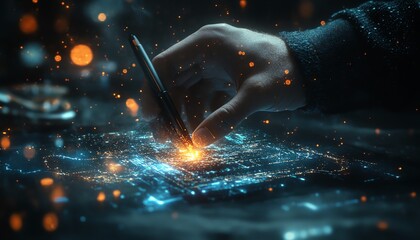 Aufkleber - 3D rendering of a hand grasping a pen, engaging with dynamic digital data visualization against a dark backdrop, AI generative concept, sleek design