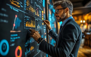 Fototapete - 3D visualization of a businessperson illustrating data through charts and graphs on a blackboard during a presentation, dynamic and professional design