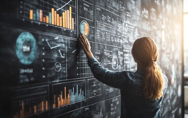 Fototapete - 3D visualization of a businessperson illustrating data through charts and graphs on a blackboard during a presentation, dynamic and professional design
