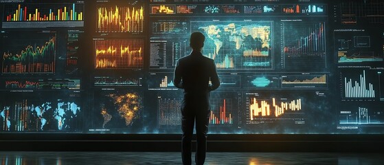 Leinwandbilder - 3D visualization of a businessperson creating charts and graphs on a blackboard, dynamic presentation environment, modern and professional aesthetics