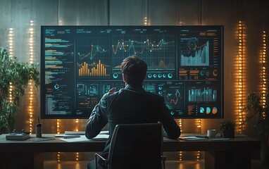 Fototapete - 3D visualization of a businessperson illustrating data through charts and graphs on a blackboard during a presentation, dynamic and professional design