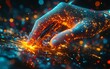© Nattapat - 3D visualization of a hand wielding a pen, interacting with luminous digital data on a dark backdrop, AI generative art, engaging and modern visuals