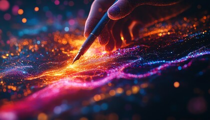 Aufkleber - 3D visualization of a hand holding a pen, interacting with abstract digital data visuals on a dark backdrop, AI generative art, modern design