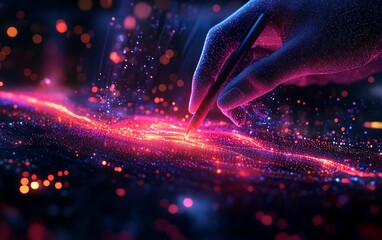 Aufkleber - 3D visualization of a hand wielding a pen, interacting with luminous digital data on a dark backdrop, AI generative art, engaging and modern visuals