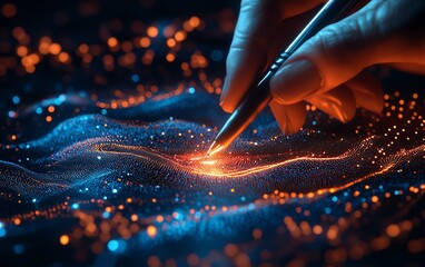 Aufkleber - 3D visualization of a hand wielding a pen, interacting with luminous digital data on a dark backdrop, AI generative art, engaging and modern visuals