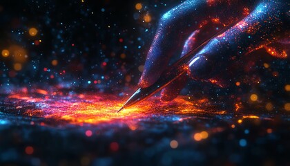Aufkleber - 3D visualization of a hand holding a pen, interacting with abstract digital data visuals on a dark backdrop, AI generative art, modern design