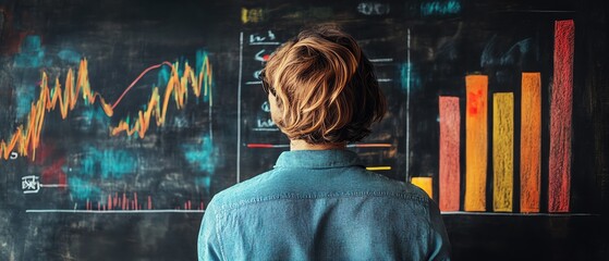 Fototapete - Business professional sketching charts and graphs on a blackboard in a presentation setting, 3D visualization, vibrant and engaging design