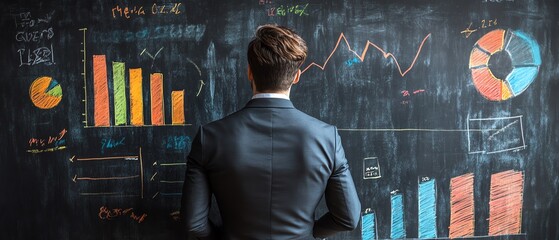 Fototapete - Business professional sketching charts and graphs on a blackboard in a presentation setting, 3D visualization, vibrant and engaging design