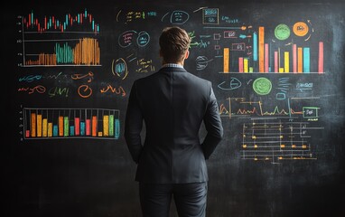 Fototapete - 3D rendering of a business professional illustrating key data on a blackboard, featuring charts and graphs, modern presentation style, dynamic composition