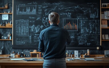 Fototapete - 3D rendering of a business professional illustrating key data on a blackboard, featuring charts and graphs, modern presentation style, dynamic composition