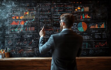 Fototapete - 3D rendering of a business professional illustrating key data on a blackboard, featuring charts and graphs, modern presentation style, dynamic composition