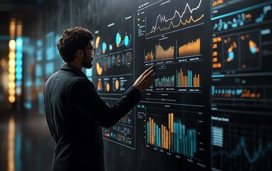 Fototapete - 3D rendering of a business professional illustrating key data on a blackboard, featuring charts and graphs, modern presentation style, dynamic composition