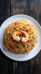 Canvas Print - Steaming plate of spicy shrimp fried rice is presented on a dark wooden table