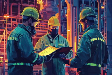 Three workers in safety gear discuss data on a tablet in an industrial setting illuminated by orange lighting.