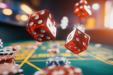 Poster - Red dice are floating mid-air over a craps table, with colorful chips scattered around, capturing the excitement of a casino gaming experience. Generative AI