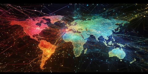 Connecting the world through networks.  Data visualized, showing how people communicate globally.  Internet technology powers business and science.