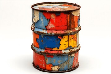 Rusty barrel of industrial waste on a white background showing signs of abandonment corrosion peeling paint.