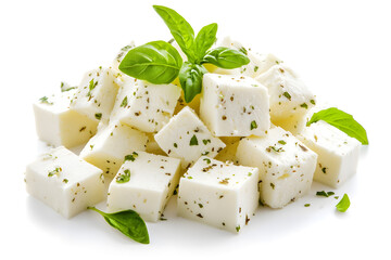 Feta cheese cut in cubes, isolated on white background