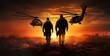 © Nataliia - silhouette of military special force unit with helicopter in the background under sunset sky