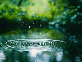 Wall Mural - Calm Pond Surface with Concentric Ripples from Falling Raindrops on a Rainy Day