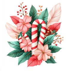 Sticker - Candy Cane Surrounded by Natural Elements and Flowers