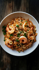 Canvas Print - Delight in a delectable dish of pad thai featuring juicy shrimp, crispy peanuts, and a spicy sauce, presented on a pristine white plate