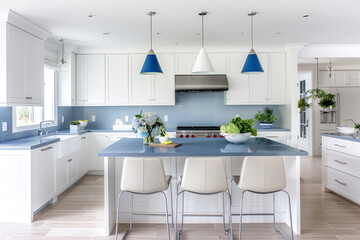 Wall Mural - Scandinavian-inspired kitchen with white cabinetry, soft blue countertops, blue pendant lights, and sleek white dining chairs, designed for a fresh and airy feel.