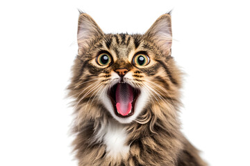 cute portrait of shocked face cat with opened mouth isolated on white background