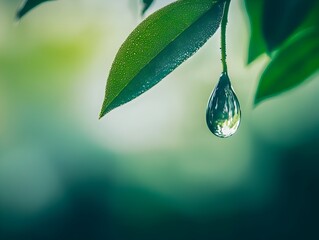 Wall Mural - Close up of a Raindrop Hanging from a Leaf with Upside Down Reflection