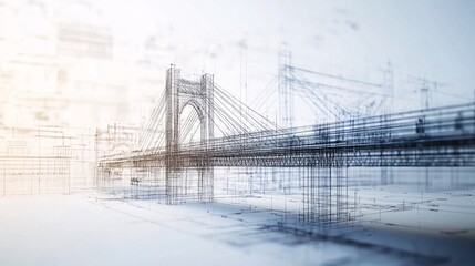 Architectural model of the bridge on the background of blueprints. 3d rendering.