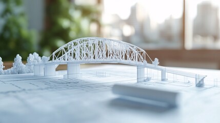 Architectural model of the bridge on the background of blueprints. 3d rendering.