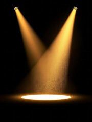 Spotlights, stage lighting, golden beams, dark background, dramatic illumination, theater ambiance, focused light, empty stage, performance space, atmospheric, mysterious, anticipation, showtime, cine