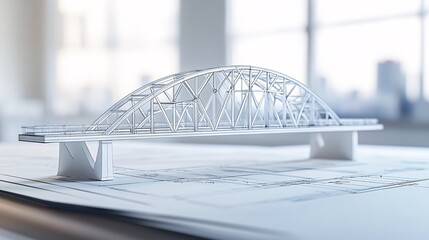 Architectural model of the bridge on the background of blueprints. 3d rendering.