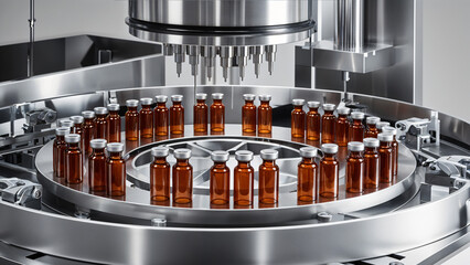 Illustration depicting the production line of medical ampoules in a modern pharmaceutical factory, showcasing the filling process of glass ampoules for medication manufacturing.