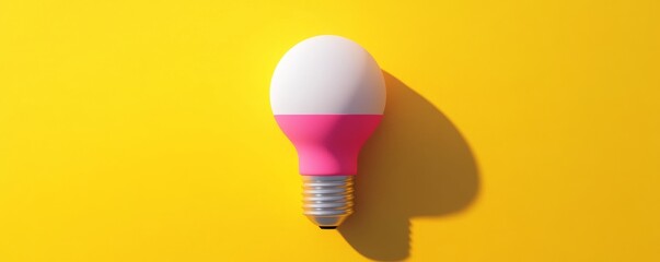 Wall Mural - Pink and white light bulb is standing on a yellow background, casting a shadow. The image is brightly lit and minimalist