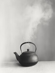 Aufkleber - A black tea kettle emits delicate steam, creating a soothing presence against a light, muted background, perfect for cozy moments. Generative AI