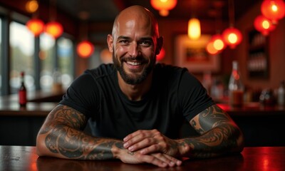 A tattooed man is sitting at a table in a restaurant