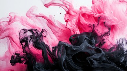 Canvas Print - Elegant pink and black ink mix in water, creating abstract shapes on white background. Vibrant colors swirl and ripple, forming a creative design