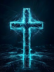 Futuristic Glowing Holographic Cross Symbol of Technology and Spirituality