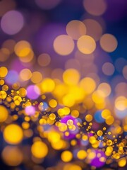 Yellow defocused lights over colored blue and purple background glitter dust particle Ultra realistic 