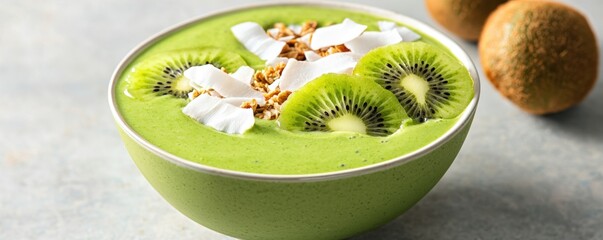 A vibrant green smoothie bowl topped with kiwi slices, coconut flakes, and granola, served in a light green bowl with a brown fruit nearby, vegan dessert, plant based dessert