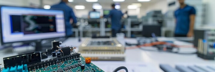 Embedded systems lab with engineers designing and testing hardware-software integration on microcontrollers with copy space