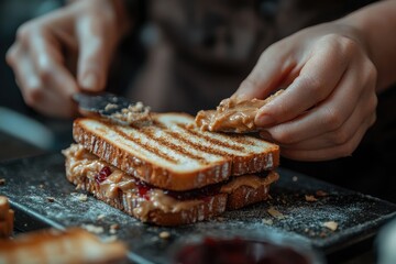 A hand spreads peanut butter on bread. This photo shows a person preparing a peanut butter and jelly sandwich.