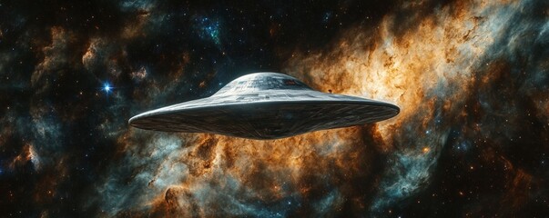 Wall Mural - exploring a distant galaxy, a solitary spaceship navigates through bright nebulas and stars, venturi