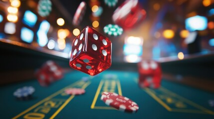 Poster - Red dice soar above a craps table, surrounded by colorful chips, capturing the thrill of gambling in a lively casino environment. Generative AI