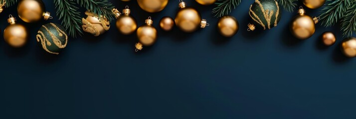 Gold Christmas ornaments with pine branches and ribbon on a dark blue background.