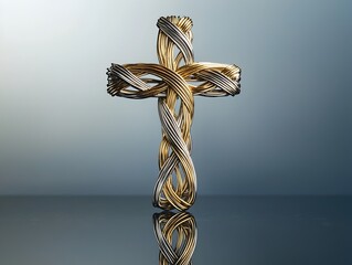 Intertwined Gold and Silver Wire Cross on Reflective Surface Symbolizing Unity of Faith