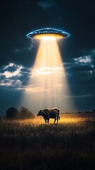 Wall Mural - mysterious unidentified flying object is hovering over a lone cow in a field, casting a bright light