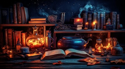 Mystical Potion Making Still Life with Books and Candles