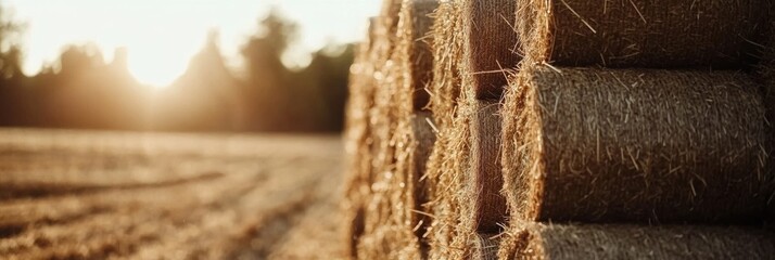 Poster - Harvested hay is carefully stacked under a sunny sky, surrounded by autumn foliage, capturing the essence of fall agriculture. Generative AI